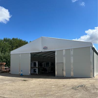 Temporary building with clear blue sky